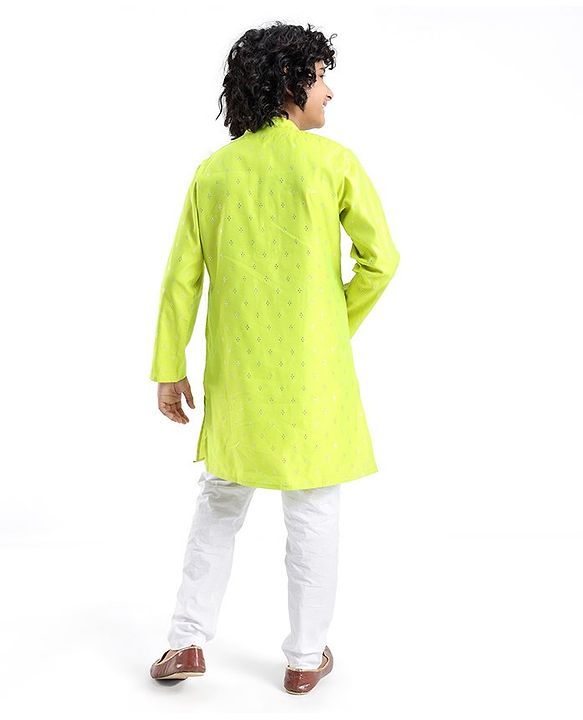 Pine Kids Embroidered Full Sleeves Kurta Pyjama Set- Lime Green