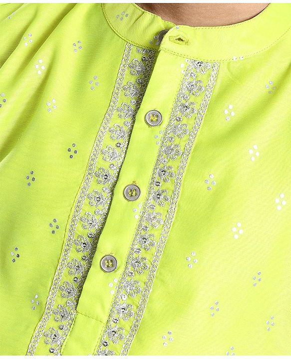 Pine Kids Embroidered Full Sleeves Kurta Pyjama Set- Lime Green