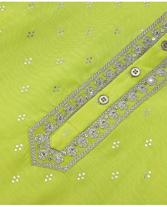 Pine Kids Embroidered Full Sleeves Kurta Pyjama Set- Lime Green