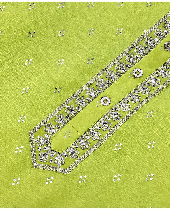 Pine Kids Embroidered Full Sleeves Kurta Pyjama Set- Lime Green
