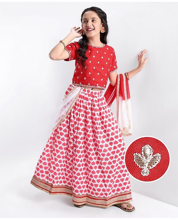 Pine Kids Floral Embroidered Half Sleeves Lehenga Choli Set-Red