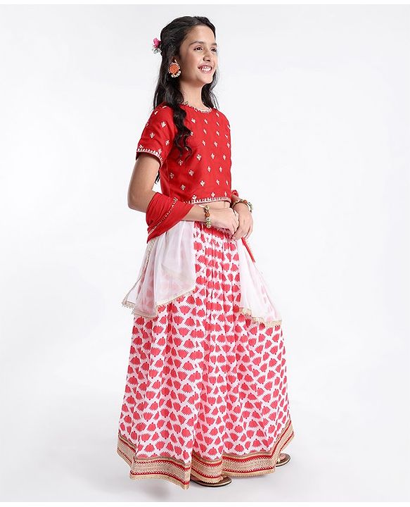 Pine Kids Floral Embroidered Half Sleeves Lehenga Choli Set-Red