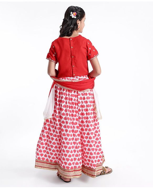 Pine Kids Floral Embroidered Half Sleeves Lehenga Choli Set-Red