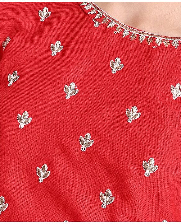 Pine Kids Floral Embroidered Half Sleeves Lehenga Choli Set-Red
