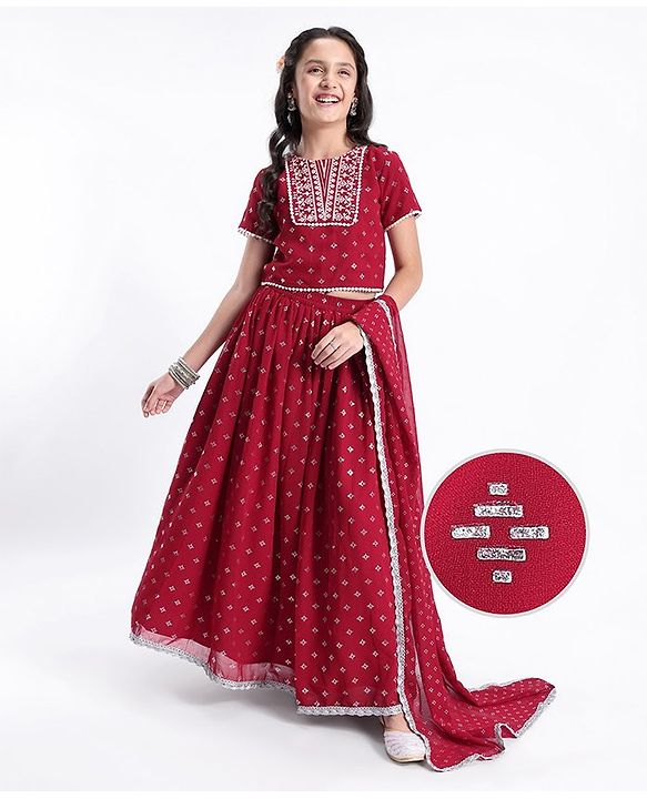 Pine Kids All Over Printed Half Sleeves Lehenga Choli Set- Red