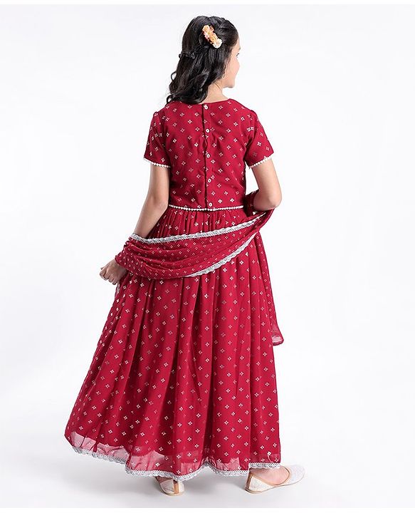 Pine Kids All Over Printed Half Sleeves Lehenga Choli Set- Red