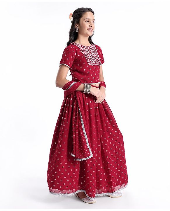 Pine Kids All Over Printed Half Sleeves Lehenga Choli Set- Red