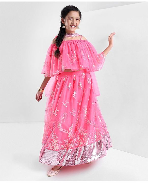 Pine Kids Sleeveless All Over Embroidered Lehenga Choli Set- Hot Pink