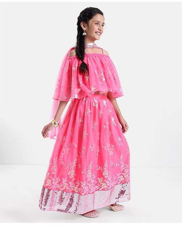 Pine Kids Sleeveless All Over Embroidered Lehenga Choli Set- Hot Pink