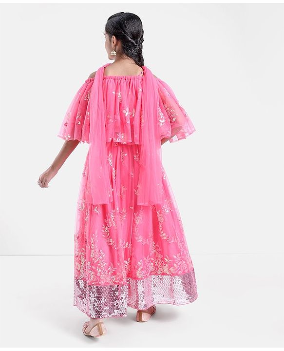 Pine Kids Sleeveless All Over Embroidered Lehenga Choli Set- Hot Pink