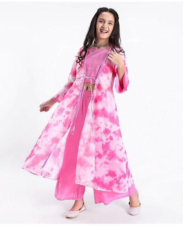 Pine Kids Three Fourth Sleeves Embroidered Tie and Dye Kurti Churidar Set with Shrug - Pink