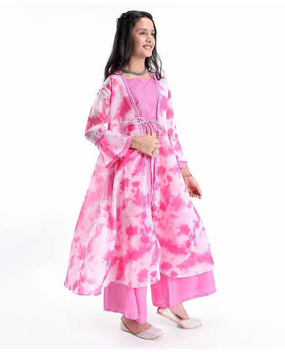 Pine Kids Three Fourth Sleeves Embroidered Tie and Dye Kurti Churidar Set with Shrug - Pink