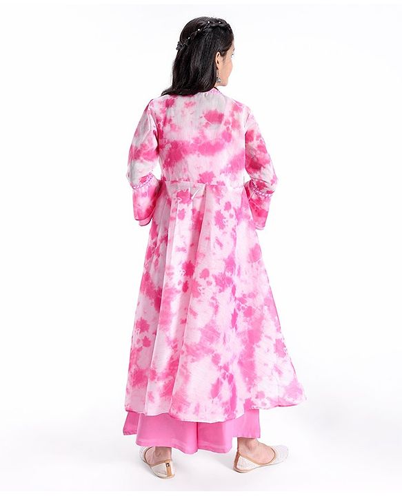 Pine Kids Three Fourth Sleeves Embroidered Tie and Dye Kurti Churidar Set with Shrug - Pink