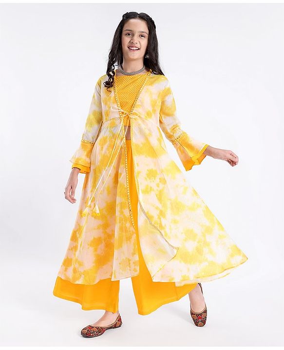 Pine Kids Three Fourth Sleeves Embroidered Tie & Dye Kurti Churidar Set with Shrug - Yellow