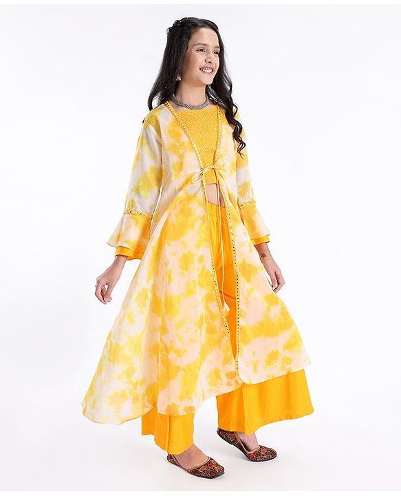 Pine Kids Three Fourth Sleeves Embroidered Tie & Dye Kurti Churidar Set with Shrug - Yellow