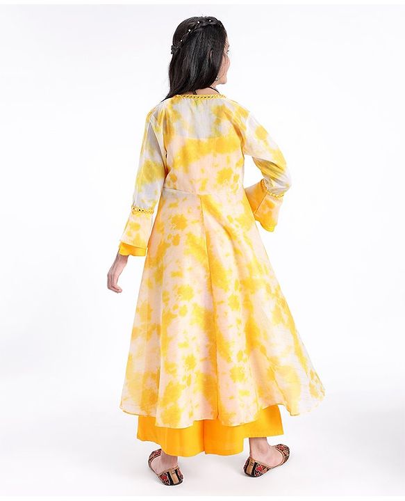 Pine Kids Three Fourth Sleeves Embroidered Tie & Dye Kurti Churidar Set with Shrug - Yellow