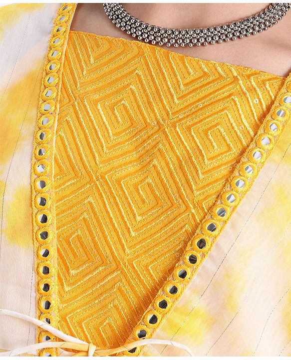 Pine Kids Three Fourth Sleeves Embroidered Tie & Dye Kurti Churidar Set with Shrug - Yellow