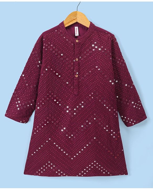 Babyhug Full Sleeves Mirror Embroidered Kurta with Solid Pyjama Set  - Magenta