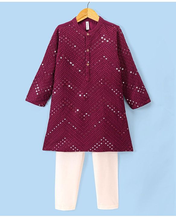 Babyhug Full Sleeves Mirror Embroidered Kurta with Solid Pyjama Set  - Magenta