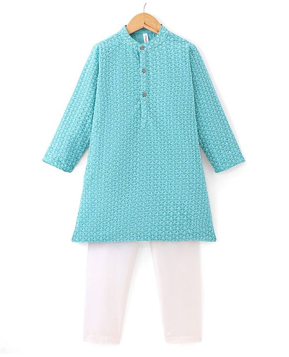 Babyhug Full Sleeve Schiffly Embroidered Kurta With Pyjama Set - Aqua Blue