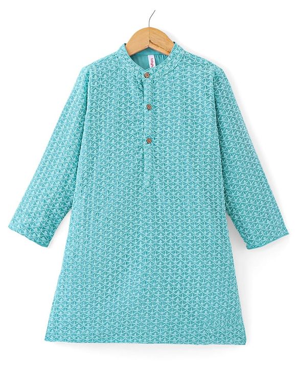 Babyhug Full Sleeve Schiffly Embroidered Kurta With Pyjama Set - Aqua Blue