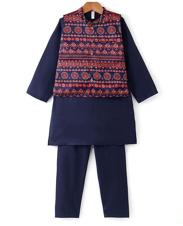 Babyhug Full Sleeves Solid Kurta Pyjama Set with Printed Jacket  - Navy Blue