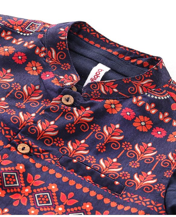Babyhug Full Sleeves Solid Kurta Pyjama Set with Printed Jacket  - Navy Blue