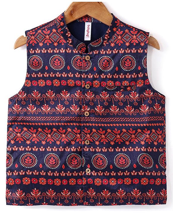 Babyhug Full Sleeves Solid Kurta Pyjama Set with Printed Jacket  - Navy Blue