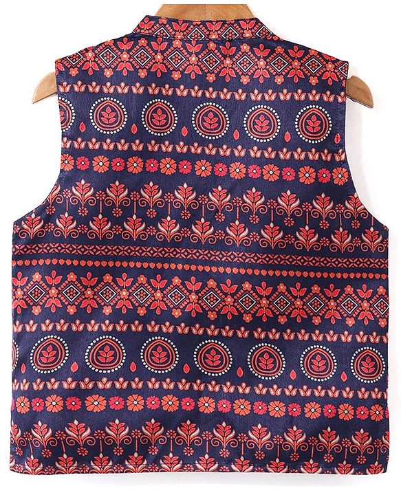 Babyhug Full Sleeves Solid Kurta Pyjama Set with Printed Jacket  - Navy Blue