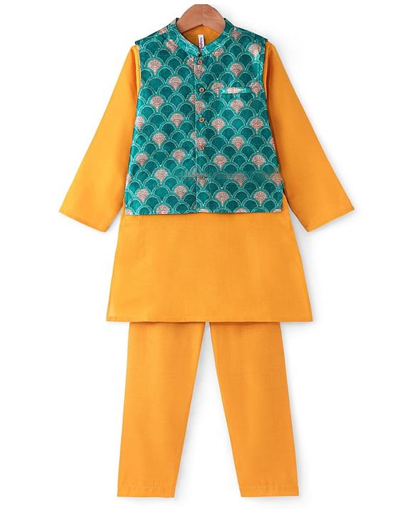 Babyhug Full Sleeves Solid Kurta & Pyjama Set With Printed Jacket - Mustard