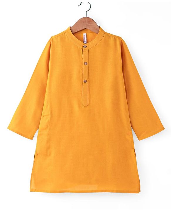 Babyhug Full Sleeves Solid Kurta & Pyjama Set With Printed Jacket - Mustard