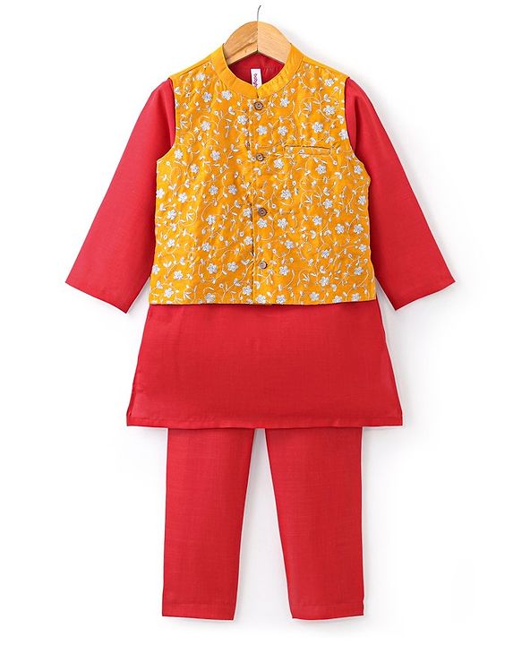 Babyhug Woven Full Sleeves Kurta & Pyjama Set with Embroidered Jacket - Maroon
