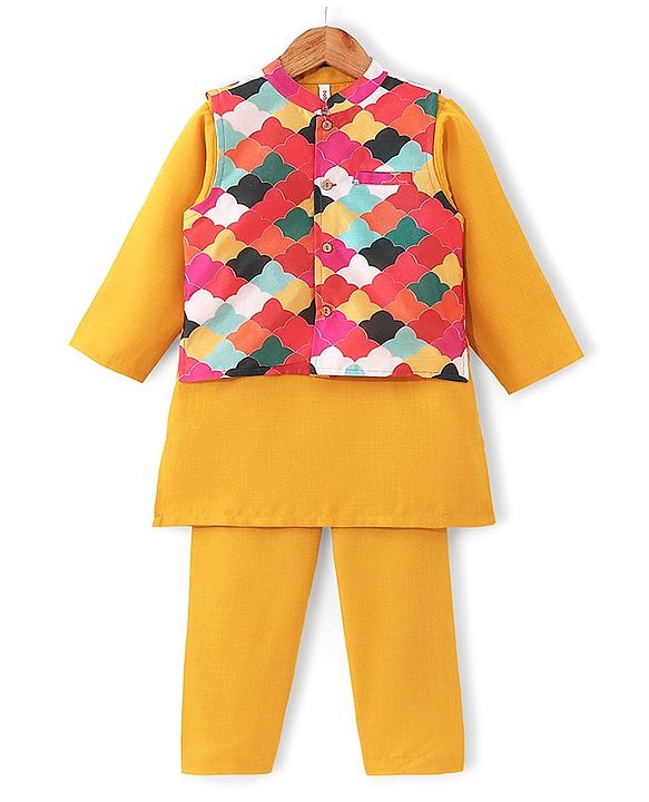 Babyhug Full Sleeves Solid Kurta & Pyjama Set With Printed Jacket - Mustard