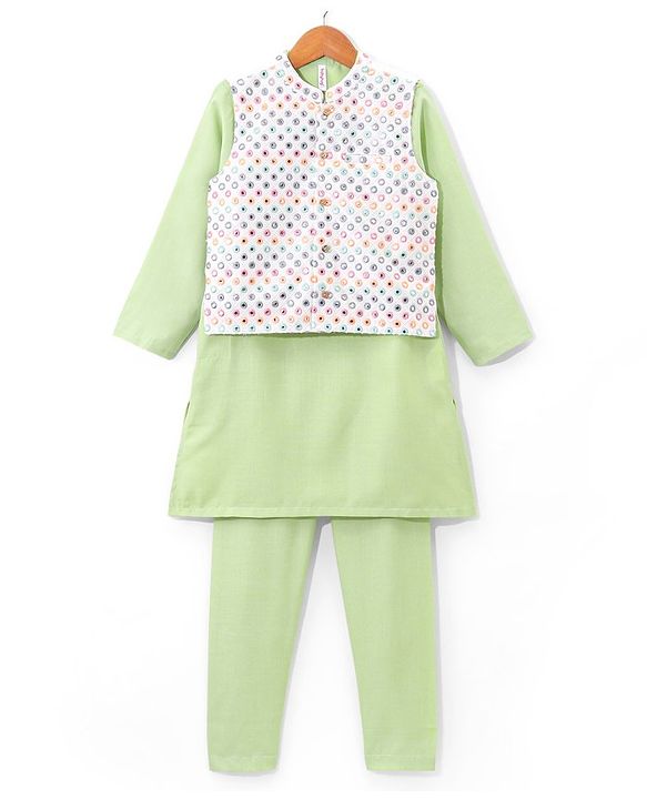 Babyhug Woven Full Sleeves Solid Kurta Pyjama Set with Mirror Embroidered Jacket - Green & White
