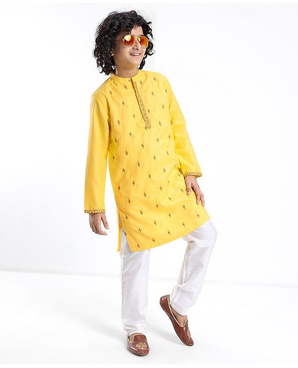 Pine Kids Embroidered Full Sleeves Kurta Pyjama Set- Mustard