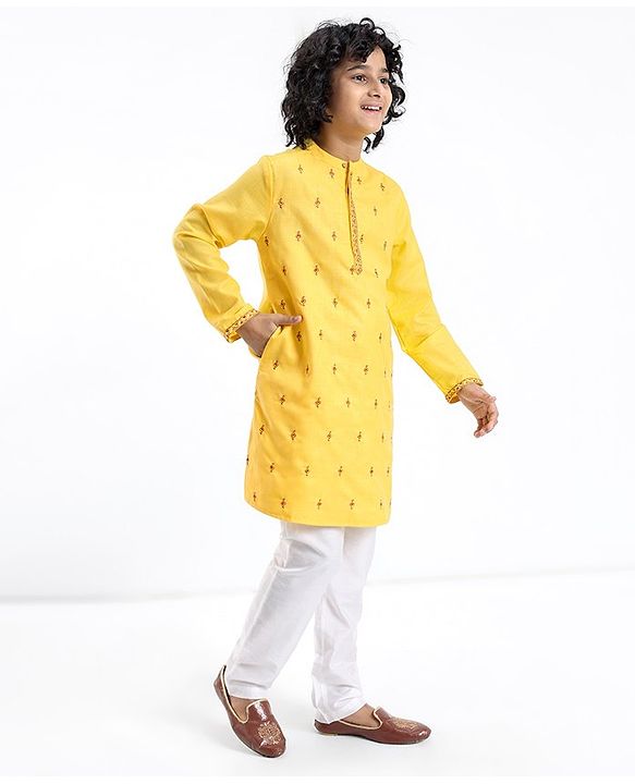 Pine Kids Embroidered Full Sleeves Kurta Pyjama Set- Mustard