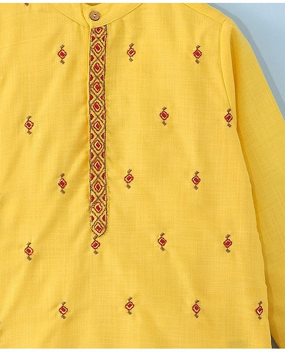 Pine Kids Embroidered Full Sleeves Kurta Pyjama Set- Mustard
