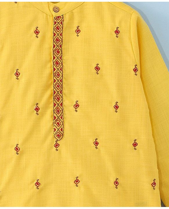 Pine Kids Embroidered Full Sleeves Kurta Pyjama Set- Mustard