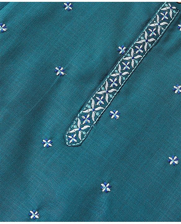 Pine Kids Cotton All Over Embroidered Full Sleeves Kurta Pyjama Set- Teal Blue