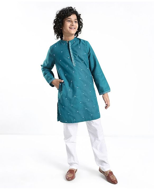 Pine Kids Cotton All Over Embroidered Full Sleeves Kurta Pyjama Set- Teal Blue