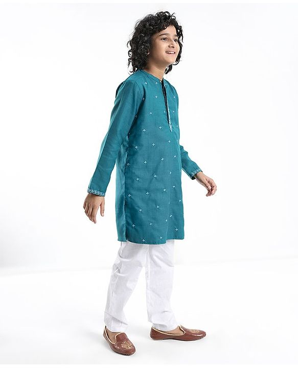 Pine Kids Cotton All Over Embroidered Full Sleeves Kurta Pyjama Set- Teal Blue