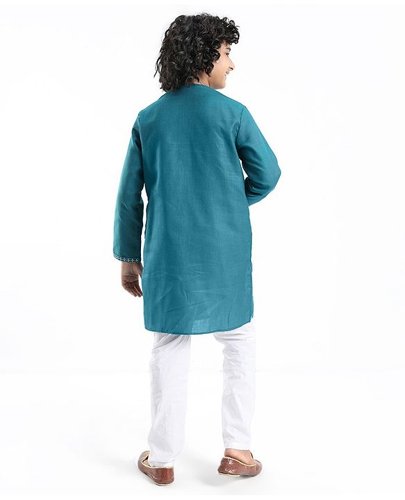 Pine Kids Cotton All Over Embroidered Full Sleeves Kurta Pyjama Set- Teal Blue