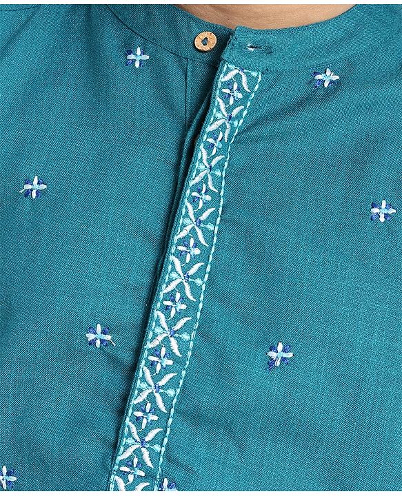 Pine Kids Cotton All Over Embroidered Full Sleeves Kurta Pyjama Set- Teal Blue