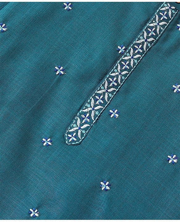 Pine Kids Cotton All Over Embroidered Full Sleeves Kurta Pyjama Set- Teal Blue