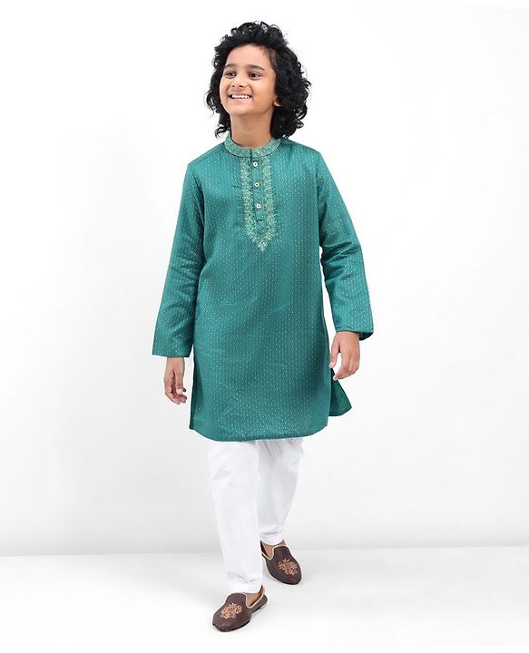 Pine Kids Woven Full Sleeves Kurta Pyjama Set Embroidered - Teal Blue