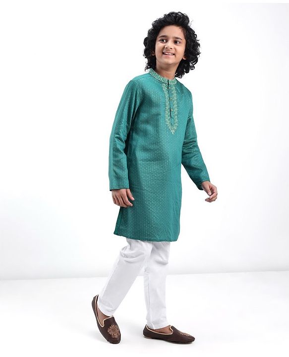 Pine Kids Woven Full Sleeves Kurta Pyjama Set Embroidered - Teal Blue