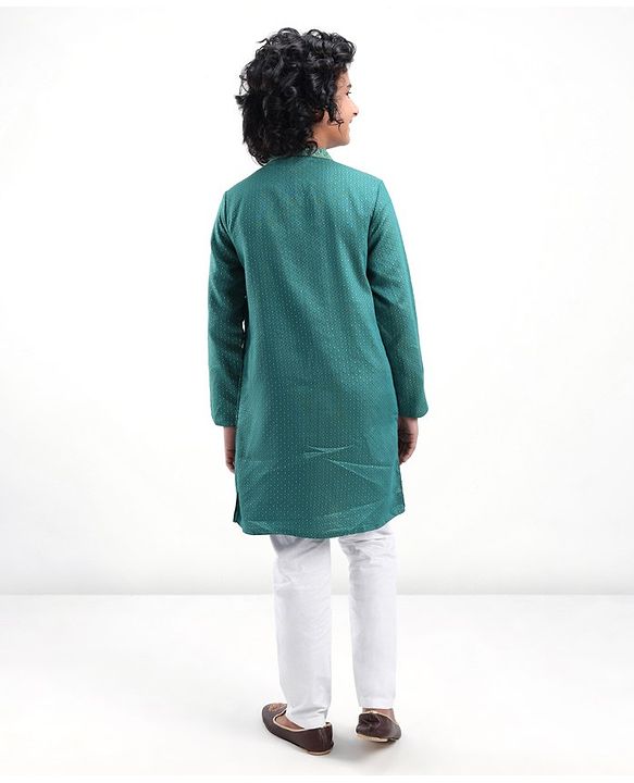Pine Kids Woven Full Sleeves Kurta Pyjama Set Embroidered - Teal Blue