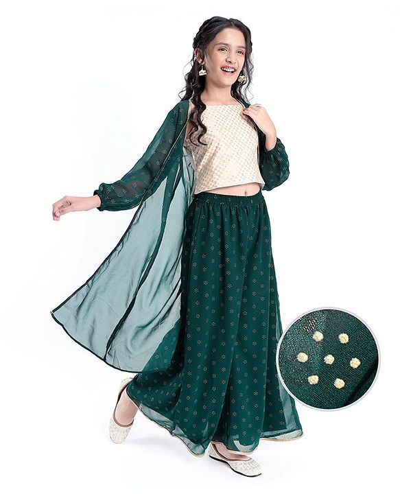 Pine Kids Woven Full Sleeves All Over Printed Brocade Top Palazzo & Shrug - Green