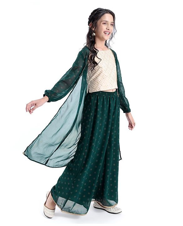 Pine Kids Woven Full Sleeves All Over Printed Brocade Top Palazzo & Shrug - Green