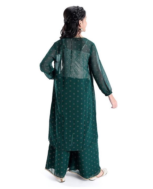Pine Kids Woven Full Sleeves All Over Printed Brocade Top Palazzo & Shrug - Green
